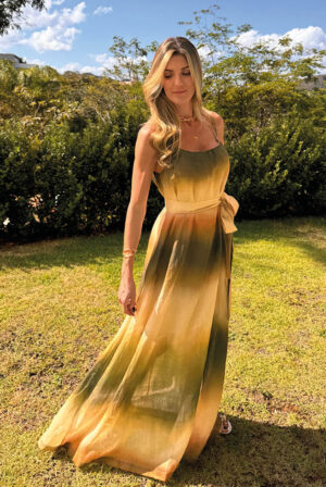 Vestido longo em cambraia de linho Tiedye