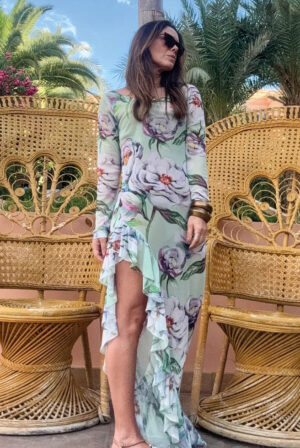 Saída longa com babado em tule de malha estampado